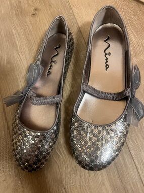 Nina Silver Sequin Mary Jane Flats with Bow Accent
